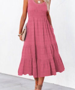 Alternative view of Rose Shirred Pleated Square Neck Sleeveless Midi Dress