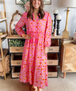Alternative view of Pink Floral Long Sleeve Tassel Tied V Neck Maxi Dress