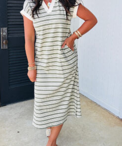 Green Stripe Collared V Neck Short Sleeve T Shirt Midi Dress with Pockets