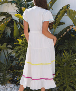 Alternative view of White Colorblock Rickrack Trim Short Sleeve Drawstring Waist Long Dress