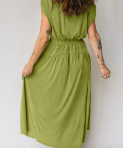 Alternative view of Fern Green Solid V Neck Cap Sleeve Tunic Elastic Waist Versatile Maxi Dress