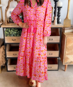 Pink Floral Long Sleeve Tassel Tied V Neck Maxi Dress