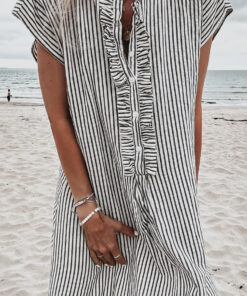 Alternative view of Black Stripe Frilled Detail Half Buttons Short Sleeve Long Dress