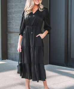 Black Flounced Bracelet Sleeve V Neck Tiered Maxi Dress