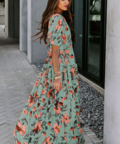 Alternative view of Green Fiery Floral Print Frilled V Neck Short Sleeve Maxi Dress