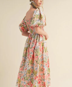 Alternative view of Apricot Pink Floral Smocked Bust Bubble Short Sleeve Maxi Dress