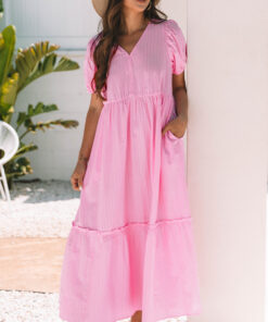 Pink Stripe V Neck Puff Short Sleeve Maxi Dress
