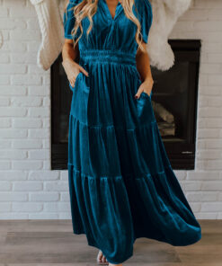 Prussian Blue Velvet Short Sleeve Shirred Waist Tiered Maxi Dress