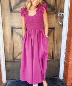 Alternative view of Rose Red Solid Color Ruffled Straps Smocked Ruched Maxi Dress