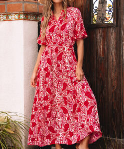 Red Paisley Print Side Slit Puff Sleeve High Waist Maxi Dress