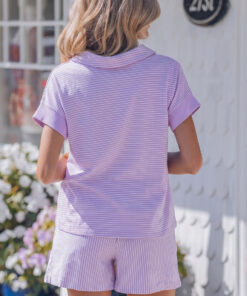 Alternative view of Purple Stripe Dolman Sleeve Polo Shirt and Drawstring Shorts Set