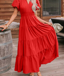 Coral Solid Color V Neck Short Puff Sleeve High Waist Tiered Maxi Dress