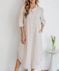 Khaki Stripe Frilled Collar Half Sleeve Shirt Maxi Dress