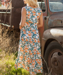 Alternative view of Green Floral Print Trimmed V Neck Tie Waist Sleeveless Holiday Long Dress