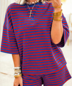 Navy Stripe Striped Ribbed Cotton Two-Piece Short Set with Chest Patch Detail