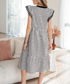 Alternative view of Black Stripe Double Ruffled Short Sleeve Contrast Trim V Neck Midi Dress
