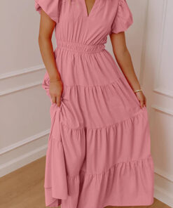 Gossamer Pink Solid Color V Neck Short Puff Sleeve High Waist Tiered Maxi Dress