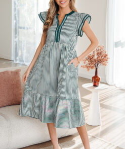 Green Stripe Double Ruffled Short Sleeve Contrast Trim V Neck Midi Dress