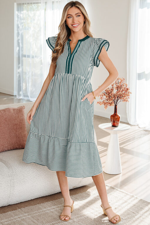 Green Stripe Double Ruffled Short Sleeve Contrast Trim V Neck Midi