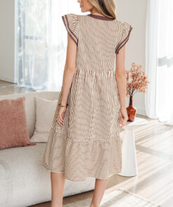 Alternative view of Brown Stripe Double Ruffled Short Sleeve Contrast Trim V Neck Midi Dress