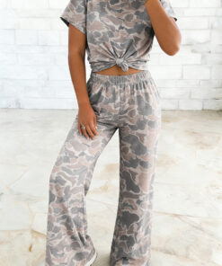 Alternative view of Multicolour Camouflage Short Sleeve Top and High Waist Wide Leg Pants Set