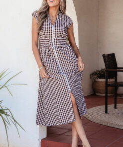 Coffee Plaid Print Full Zipper Cinched Waist Fit Flare Sleeveless Maxi Dress