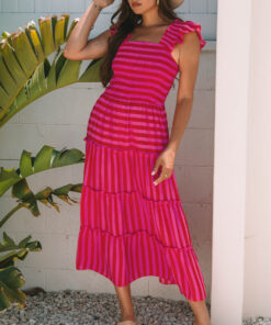 Rose Stripe Flutter Sleeve Smocked Bodice Tiered Maxi Dress