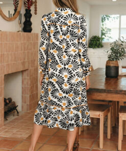 Alternative view of Black Abstract Floral Print Split V Neck Long Dress with Sleeves