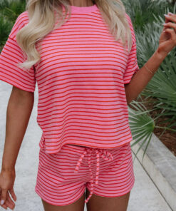 Rose Stripe Side Split Knit Tee Drawstring Shorts Set