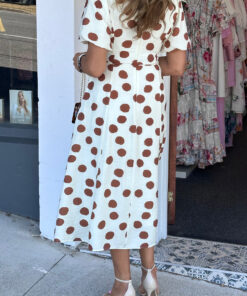 Alternative view of White Polka Dot Printed V Neck Short Sleeve Tie Waist Midi Dress