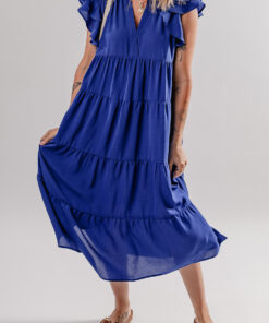 Bluing Ruffled Short Sleeve Collared V Neck Tiered Midi Dress
