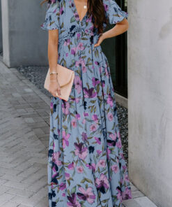 Sky Blue Fiery Floral Print Frilled V Neck Short Sleeve Maxi Dress