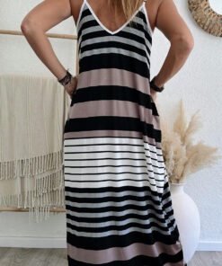 Alternative view of Multicolour Mixed Stripes Spaghetti Straps V Neck Maxi Dress