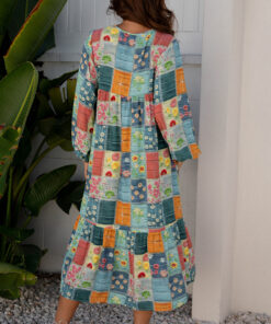 Alternative view of Sky Blue Mix Floral Checkered Pattern Bubble Sleeve Ruffle Hem Dress