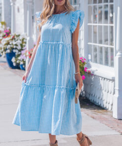 Sky Blue Knot Back Ruffled Short Sleeve Gingham Maxi Dress