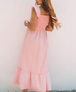 Alternative view of Pink V Neck Flutter Sleeve Smocked Bodice High Waist Ruffle Maxi Dress