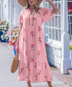 Pink Notched Neck Flutter Short Sleeve Floral Print Maxi Dress