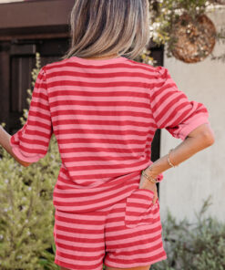 Alternative view of Red Stripe Puff Short Sleeve T Shirt Matching Shorts Set