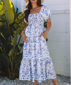 Sky Blue Floral Print Square Neck Bubble Sleeve High Waist Maxi Dress