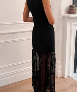 Alternative view of Black Solid Color Sleeveless Sheer Floral Lace Patchwork Long Dress