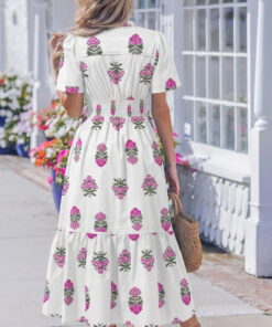 Alternative view of White Floral Print Split Neck Shirred High Waist Ruffle Hem Maxi Dress