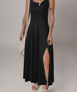 Black Sleeveless Scoop Neck Flared Split Midi Dress