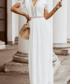 White V Neck High Waist Lace Maxi Dress