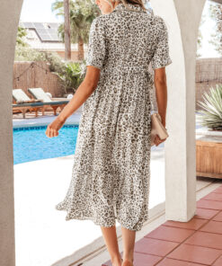 Alternative view of White Leopard Contrast Trim Button Front Short Puff Sleeve Long Dress
