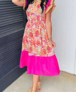 Rose Floral Print Color Block Ruffled Short Sleeve Flared Midi Dress