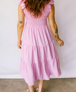 Alternative view of Pink Smocked Bodice Flutter Sleeve Fit Flare Tiered Midi Dress