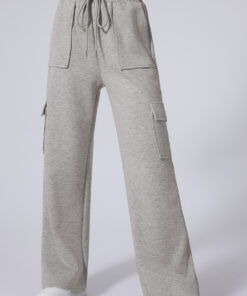 Light Grey Multi Pockets Lace-up High Waist Wide Leg Workout Pants