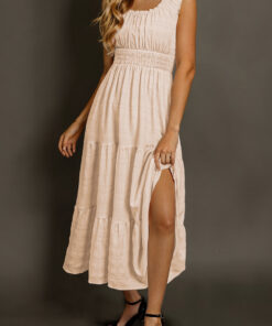 Apricot Shirred Pleated Square Neck Sleeveless Midi Dress