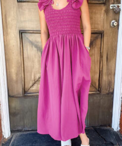 Rose Red Solid Color Ruffled Straps Smocked Ruched Maxi Dress