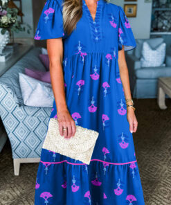 Blue Floral Print Notched Neck Butterfly Sleeve Shift Long Dress